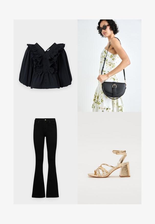 Zwarte top met V-hals, ruches langs de halslijn en pofmouwen. Voorzien van een knoopsluiting aan de voorkant. Gladde stof textuur.; Zwarte hoge taille jeans met een knoop- en ritssluiting, voorzakken en een flared pijp, plat gelegd op een witte achtergrond.; Gouden metallic gestileerde sandaaltjes met hoge hakken, voorzien van een straps ontwerp, vierkante blokhak en een verstelbare enkelband met een gesp. Gladde textuur.; Zwarte leren handtas met een gebogen vorm, afneembare schouderband en gouden hardware. De tas heeft een klep met een gespsluiting.