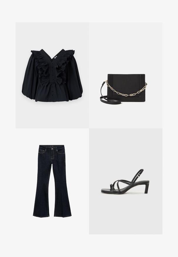 Zwarte top met V-hals, ruches langs de halslijn en pofmouwen. Voorzien van een knoopsluiting aan de voorkant. Gladde stof textuur.; Donkerblauwe denim jeans met hoge taille, voorzakken en wijd uitlopende pijpen, plat weergegeven op een witte achtergrond.; Zwarte sandaal met bandjes, vierkante teen en een lage blokhak. Voorzien van meerdere dunne bandjes en een verstelbare enkelband. Gemaakt van zacht leer.; Zwarte leren schoudertas met een gladde textuur, rechthoekige vorm en een metallic kettingdetail aan de voorkant. Verstelbare schouderband inbegrepen.