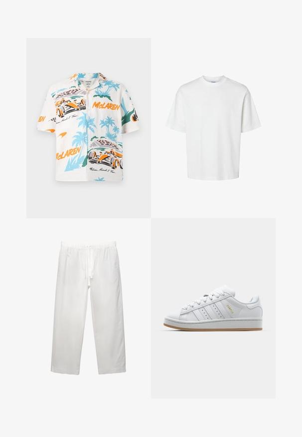 Bela majica s kratkimi rokavi, ki prikazuje živahne grafike dirkalnika McLaren F1 v oranžni, zeleni in modri barvi, z motivi palm in dirkališča.; Bela bombažna majica s kratkimi rokavi, okroglo izrezana in udobnega kroja. Gladka tekstura brez vidnih vzorcev ali dekoracij.; Bela lanena hlača z elastičnim pasom in vrvico, širokega kroja in čistimi šivi. Gladka tekstura s sproščenim krojem.; Bela teniska z perforirano trojno črto, teksturiranimi detajli, gumijastim podplatom in zlatim logotipom "CAMPUS" na strani.