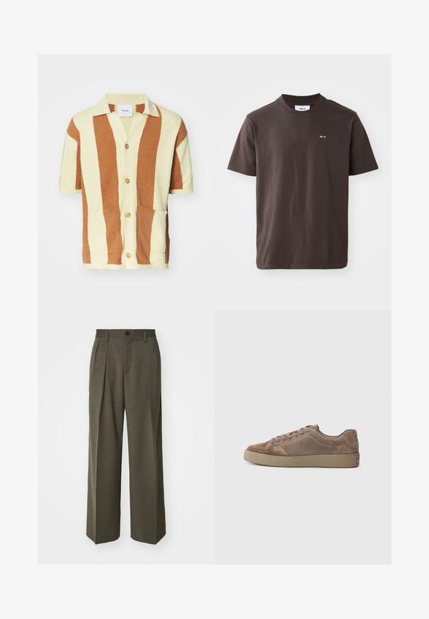 Lyhythihainen kardigan, jossa on kerma- ja ruskeat raidat. Kardiganissa on nappikiinnitys edessä, kaksi etutaskua ja pehmeä, pörröinen materiaali.; Ruskea puuvillapaita, jossa on ribattu pyöreä kaulus. Paita sisältää pienen valkoisen logon vasemmassa rinnassa. Lyhyet hihat ja suora helma.; Filippa K WIDE TROUSERS - Housut - driftwood; Musta nahka näyttävät matalat tennarit litteällä kumipohjalla, nauhakiinnitys ja ompeluyksityiskohdat, esitetty sivulta yksinkertaisella taustalla.