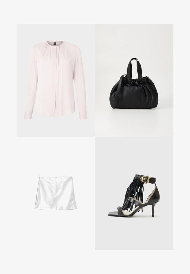 BOSS BANORAH - Blúz - light pink; Fehér miniszoknya sima, fényes felülettel, egyenes szabással és varrás nélküli hátsó cipzáras zárral.; Fekete magassarkú szandál frufrus részletekkel, arany hardverrel ellátott bokapánt, lapos, négyzet alakú orr, valamint két keresztben futó pánttal az átlapolásnál.; Fekete bőr kézitáska, összegyűrt felső dizájnnal, két rövid fülekkel és egy hosszú, állítható pánttal. Simább textúra, lekerekített forma.