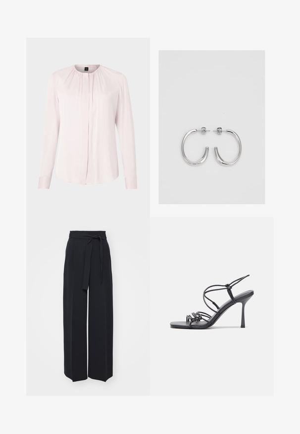 BOSS BANORAH różowy; Szerokie czarne spodnie wykonane z miękkiego materiału. Posiadają pasek w talii i zaszyte pliski z przodu. Gładka tekstura o czystym, nowoczesnym designie.; Czarne sandały na wysokim obcasie mają cienkie paski z węzłowym wzorem, gładki, kwadratowy czubek i smukły obcas w stylu szpilki.; Srebrne kolczyki koła o gładkiej, błyszczącej powierzchni, z zakrzywionym kształtem i zapięciem na sztyft. Minimalistyczny design z nowoczesnym wykończeniem.