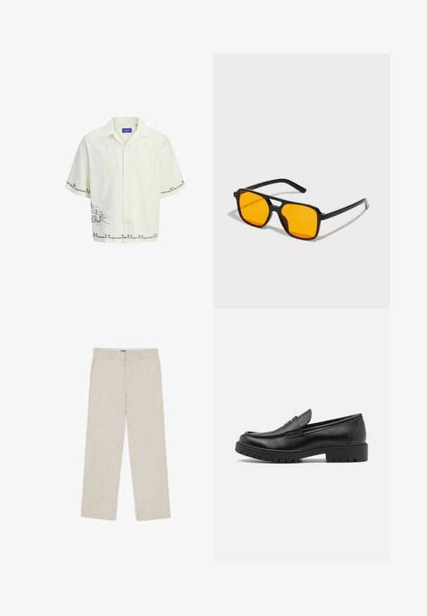 Košeľa s krátkymi rukávmi v svetlej krémovej farbe s golierom, ktorá má na prednej strane sivý skicový dizajn a dekoračné lemovanie.; Biely bezrukávový top z rebrovanej bavlny. Má zaoblený výstrih a hladkú textúru. Štítok hovorí "PULL&BEAR."; Béžové nohavice širokého strihu s hladkou textúrou, obsahujúce pútka na opasok, dve predné vrecká a zips. Minimalistický dizajn.; Čierne kožené mokasíny s okrúhlou špičkou, s designom na obúvanie a hrubou gumovou podrážkou s textúrovanou protišmykovou úpravou. Vyvýšený opatok a jemné prešívanie.; Čierne obdĺžnikové slnečné okuliare so výraznými oranžovými šošovkami. Majú jedinečný dizajn mostíka a štíhle ramienka, vyrobené z ľahkého materiálu.; Strieborné hodinky z nerezovej ocele s modro-červeným rámčekom, námorníckou čelom, bielymi hodinovými značkami, quartzovým mechanizmom, vodoodolnosťou do 200 m a zobrazením dátumu.