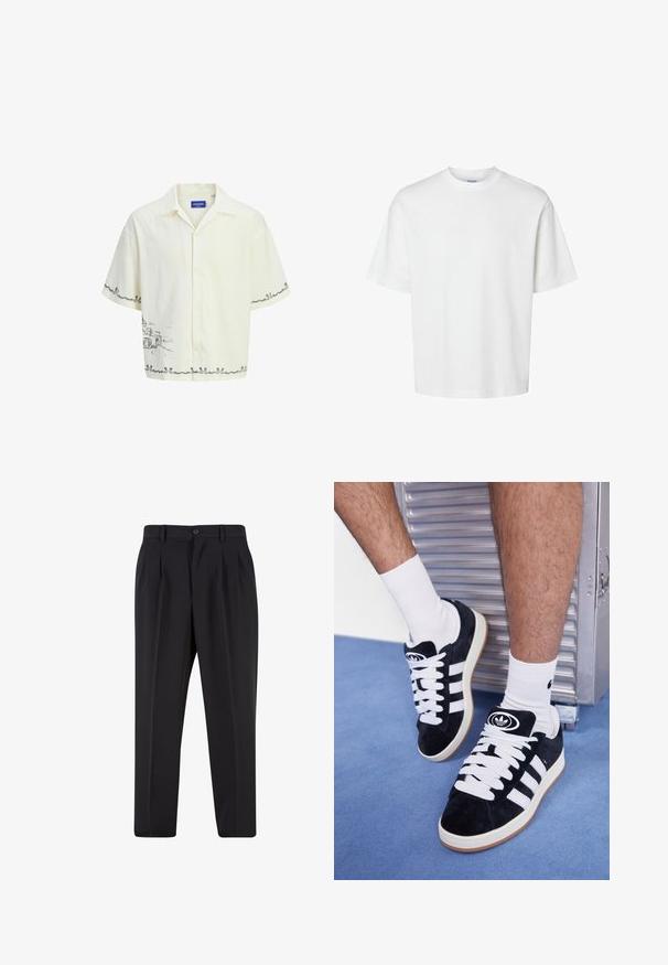 Košile s krátkým rukávem v jemné krémové barvě s límcem, na přední straně s šedým skicovým designem a zdobným zakončením.; Bílý bavlněný tričko s krátkými rukávy, klasickým kulatým výstřihem a volným střihem. Hladká textura bez viditelných vzorů nebo akcentů.; Černé kalhoty s plisovaným předním designem, vyrobené z hladké tkaniny. Obsahují zapínání na knoflík a poutka na opasek; rovný střih.; Černé semišové tenisky s bílými tkaničkami a třemi bílými pruhy. Mají kulatou černou logo na jazyku a gumovou podrážku.