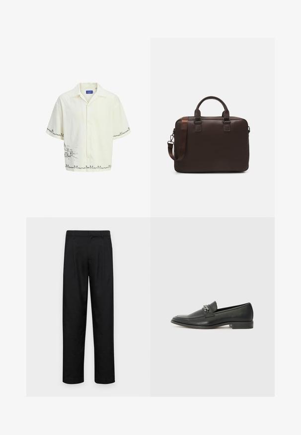 Camicia a maniche corte di un leggero color crema con colletto, caratterizzata da un disegno a schizzo grigio sulla parte frontale e dettagli decorativi all'orlo.; Pantaloni neri realizzati in tessuto liscio, caratterizzati da un taglio dritto, due pieghe frontali e una vita standard con passanti per la cintura.; Mocassino in pelle nera con finitura liscia, caratterizzato da un design cucito e da un accento decorativo in catena metallica sul vamp. Tacco piatto.; Borsa per laptop in pelle marrone con superficie texturizzata, doppi manici superiori, cinturino regolabile e due fibbie frontali per un tocco di originalità.