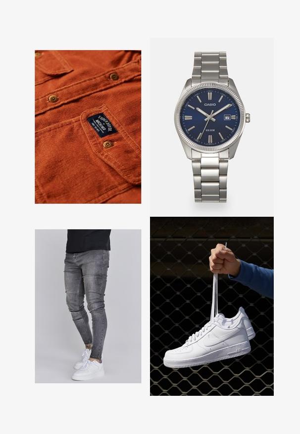 Superdry & Co TRAILS - Camisa - clay orange; Jeans ajustados en denim gris desgastado, con detalles desgastados en las rodillas, combinados con zapatillas blancas. Textura suave, diseño de corte slim.; Zapatillas de cuero blanco con perforaciones, punta redonda, suela plana y cordones gruesos, con un logo de swoosh visible y "AIR" en el talón.; Reloj de pulsera de acero inoxidable plateado con una esfera azul marina, marcadores horarios metálicos y una ventana de fecha a las 3 en punto. Resistente al agua hasta 50 metros.