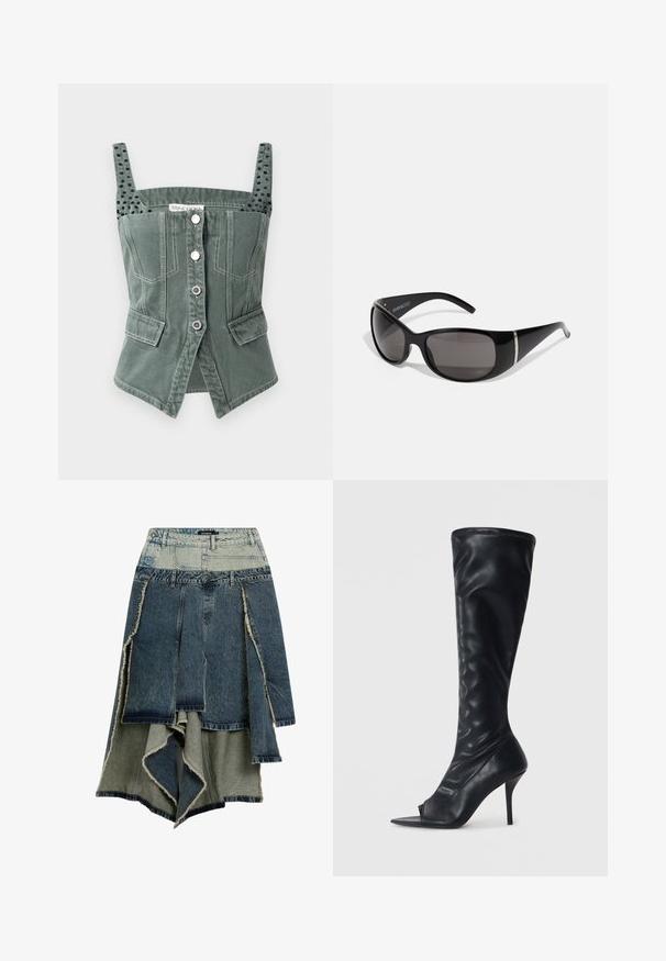 Zelený denimový korzetový top s nastaviteľnými ramienkami, predným zapínaním na gombíky, dvomi bočnými vreckami a textúrovanými čiernymi akcentmi na ramienkach.; Džínová sukňa s patchworkovým dizajnom v rôznych odtieňoch modrej a zelenej, obhryzené okraje, asymetrický lem a viaceré panely.; Čierne syntetické kožené čižmy po kolená s otvorenou špičkou a vysokým stiletto opätkom. Štruktúrovaný zvršok a hladký povrch.; Čierne slnečné okuliare s lesklými plastovými rámami, gradientnými šedými šošovkami a striebornými akcentmi na stranách. Eleganatný, zakrivený dizajn.; Desigual Kabelka - black