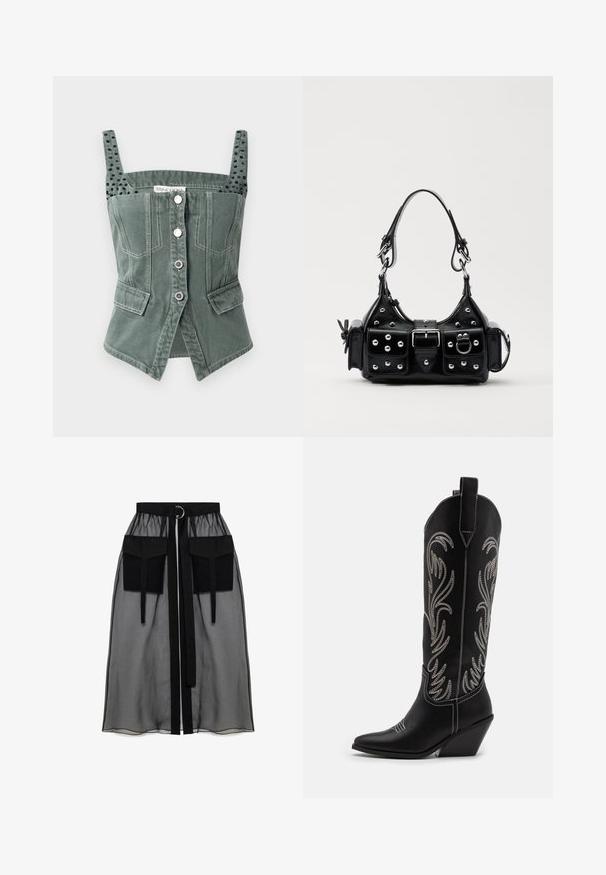 Zelený denimový korzet s nastavitelnými ramínky, předním zapínáním na knoflíky, dvěma bočními kapsami a texturovanými černými akcenty na ramínkách.; Černá průhledná sukně s nařaseným pasem, která má dvě velké přední kapsy, páskový uzávěr a kulatý kovový akcent.; Černé kožené kovbojské boty s špičatými špičkami, podpatky ve tvaru klínu a stříbrně vyšívanými květinovými vzory po celé délce. Kontrastní prošívání po celém obvodu.; Černá kožená kabelka s křivkovým designem, zdobená stříbrnými hřebíky, s přezkou a dvěma bočními kapsami. Nastavitelný popruh pro různé možnosti nošení.