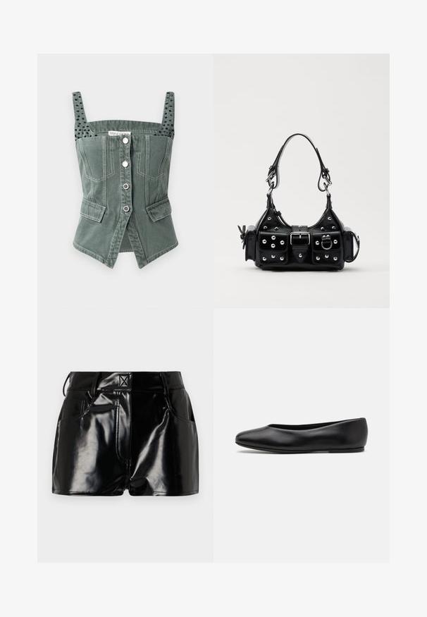 Top bustier in denim verde con spalline regolabili, chiusura frontale con bottoni, due tasche laterali e dettagli a contrasto neri testurizzati sulle spalline.; Shorts neri e lucidi realizzati in materiale sintetico. Presentano una vita aderente, passanti per la cintura e tasche frontali con evidenti dettagli di cucitura.; Paul Smith TOPANGA - Ballerine - black; Borsa a mano in pelle nera con design curvo, caratterizzata da borchie argentate, una fibbia e due tasche laterali. Tracolla regolabile per diverse opzioni di trasporto.