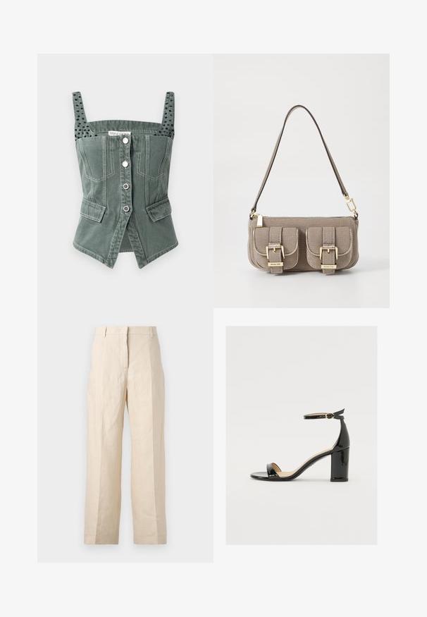 Zöld denim melltartó, állítható pántokkal, elöl gombos záródással, két oldalsó zsebbel és texturált fekete díszítéssel a pántokon.; Beige len vászonnadrág laza fazonnal, plisszírozott elülső résszel és egyenes lábakkal. Jellemzője a derékpánt övhurkokkal és látható zsebek nélkül.; Fekete lakkbőr szandál széles sarokkal, nyitott orral és bokapánttal, amelyen arany csat található. Sima felület és elegáns dizájn.; Beige textúrájú kézitáska állítható pánttal, két elülső zsebbel, amelyek csattal záródnak, és arany színű kiegészítőkkel. A tetején cipzáros záródás.