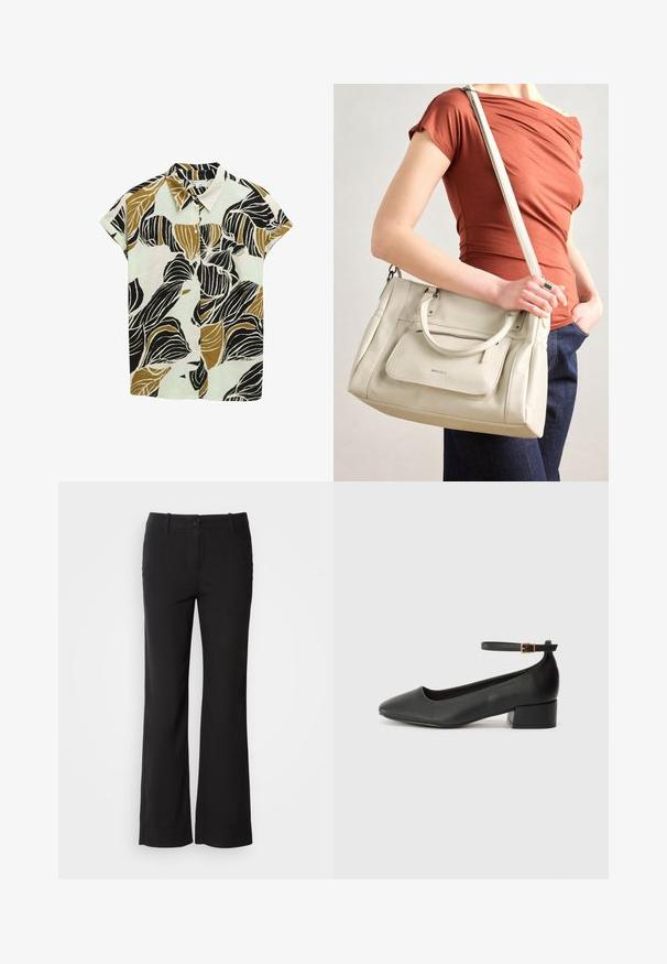 Korte mouwen overhemd in lichtgroen, met een gedurfde zwarte en bruine bladerenpatroon op een gestructureerde stof. Klassieke kraagontwerp.; Zwarte katoenmix broek met een rechte pijpdesign, sluiting met een knop aan de voorkant en twee zijzakken. Soepele textuur, geen zichtbare patronen.; Zwarte leren pump met een spitse neus en een lage blokhak. Beschikt over een enkelband met een goudkleurige gespsluiting. Gladde textuur.; Witte leren handtas met dubbele handgrepen en een afneembare schouderband, met een voorzak met rits en een gladde textuur. Draagend aan de arm van een persoon.