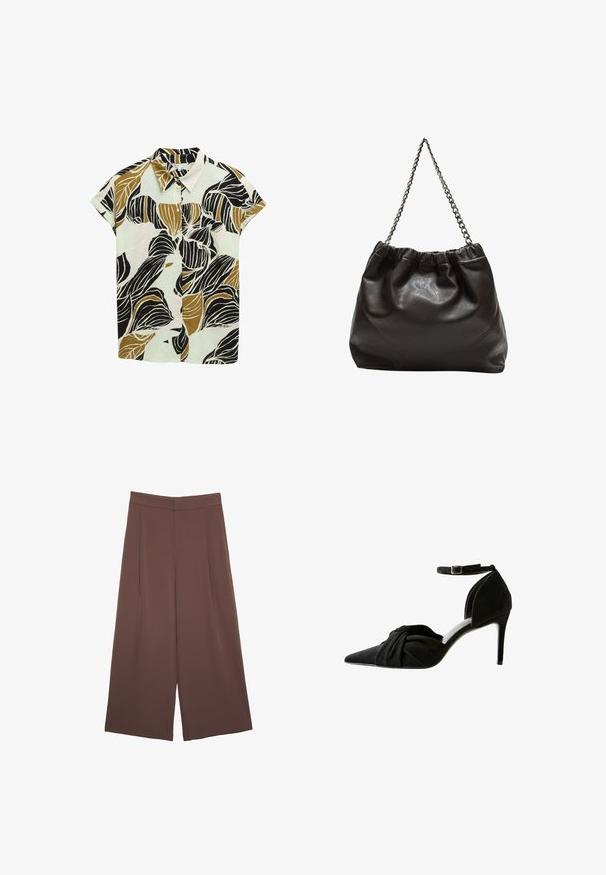 Kortærmet skjorte med knapper i lys grøn, med et dristigt sort og brunt bladmønster på et tekstureret stof. Klassisk kravedesign.; Brune bredbunde bukser med en glat tekstur, der har høj talje og plisseringer foran. Stoffet er let og falder løst.; Sorte ruskind højhælede sko med spids tå, knudedetalje foran og ankelrem. Har en slank stilettohæls og et elegant design.; Brun lædertaske med en rynket top og en kædestrop. Glat tekstur med en blank finish og subtile sømdetaljer på siderne.