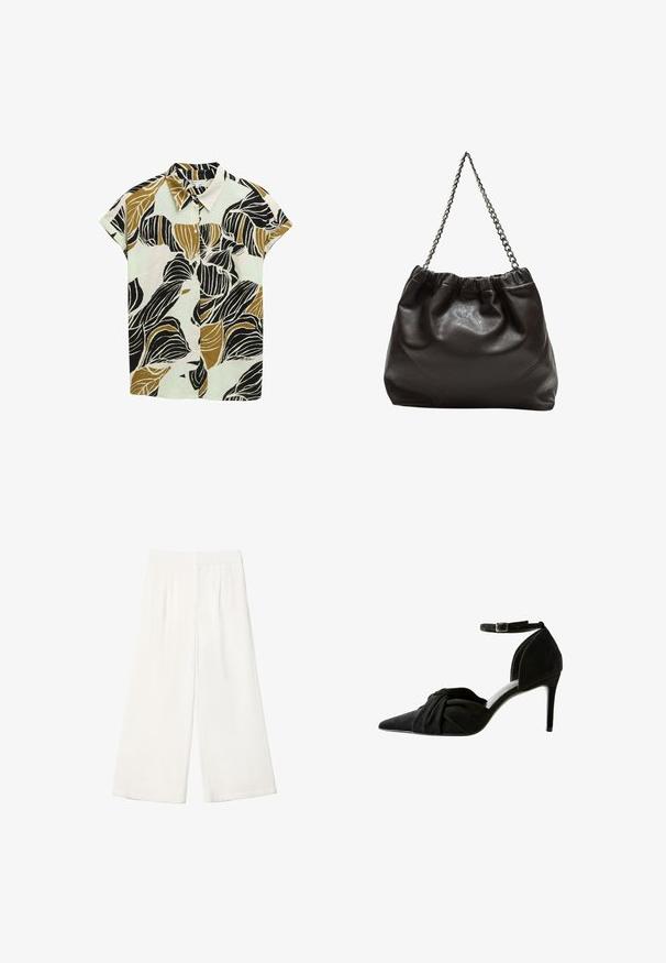 Short-sleeve button-up shirt in light green, featuring a bold black and brown leaf pattern on a textured fabric. Classic collar design.; White wide-leg trousers made from a smooth fabric. Features a flat waistband and vertical pleats for added detail.; Black suede high-heeled shoe with a pointed toe, knotted detail at the front, ankle strap, and a thin stiletto heel.; Brown leather bag with a gathered top and a chain strap. Smooth texture with a glossy finish and subtle seam detailing on the sides.