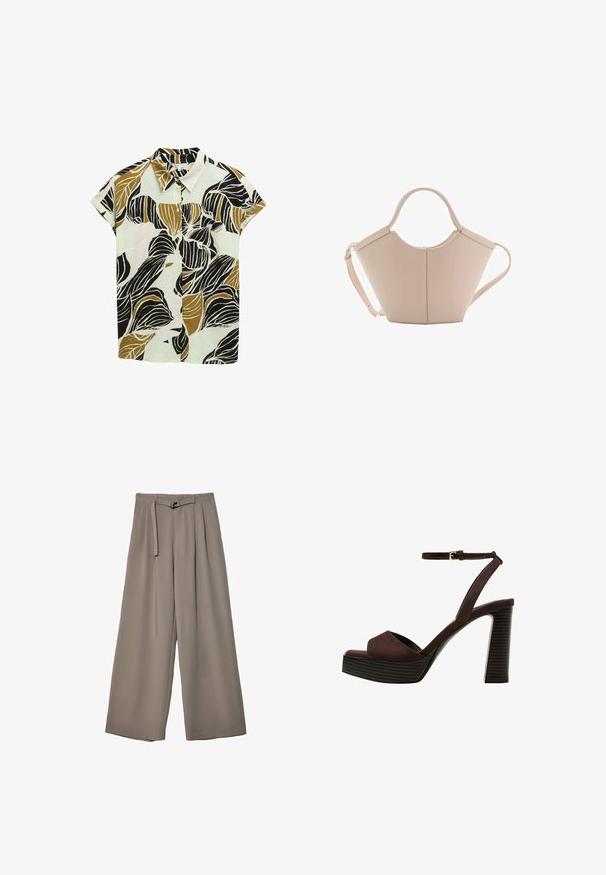 Camicia a maniche corte con bottoni di colore verde chiaro, caratterizzata da un audace motivo di foglie nere e marroni su un tessuto testurizzato. Design del colletto classico.; Pantaloni a gamba larga in un morbido tessuto grigio tenue, con vita con cintura e pieghe per un tocco di design aggiuntivo. Texture liscia, senza motivi.; Sandal in camoscio marrone con tacco alto, punta aperta, cinturino alla caviglia regolabile e suola a piattaforma striata.; Borsa in pelle beige con una forma unica, caratterizzata da due manici corti e una lunga tracolla regolabile. Texture liscia con hardware minimale.