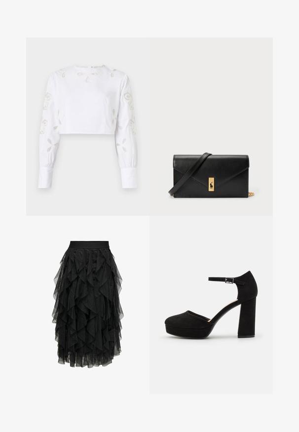 Baltas trumpas bliusonas, turintis ilgus rankovės su dekoratyviniais išsiuvinėti gėlių raštais subtilia smėlio spalvos siūlu. Lygus audinio paviršius.; Juodasis midijų sijonas, pagamintas iš sluoksniuoto tiulio su volančių dizainu. Yra elastinga juosmens juosta. Skaidri medžiaga suteikia tekstūrą ir judesį.; Juodi zomšiniai platforminiai kulniukai su storu bloku kulnu, apvalia nosimi ir čiurnos dirželiu, kuris pritvirtintas metaliniu užsegimu. Visoje apavo tekstūra lygi.; Juodas odinis piniginė su užlenkiama sklende, auksinėmis detalėmis, su logotipo akcentu. Įeina nuimamas diržas nešiojimui.