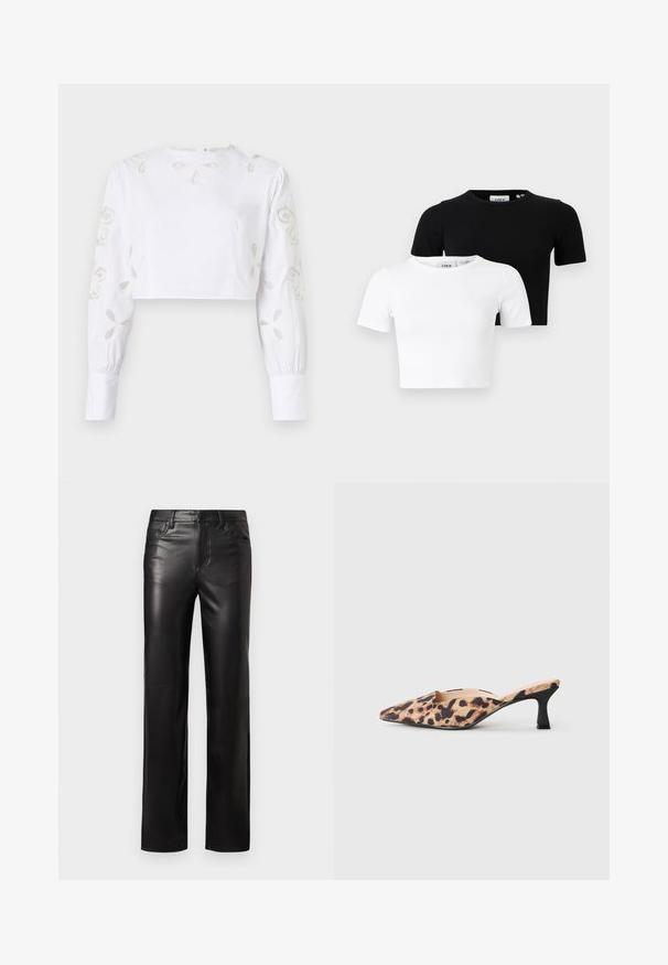 Balta īsa blūze ar garām piedurknēm, kas rotāta ar izšūtiem ziedu rakstiem maigi bēšā diegā. Gluda auduma tekstūra.; Divu īsās piedurkņu cropped T-kreklu komplekts melnā un baltā krāsā, izgatavots no ribota auduma ar apaļu kakla izgriezumu un pieguļošu dizainu.; Melni ādas bikses ar taisnu griezumu, ar pogu aizdari un priekšējiem kabatām. Gluda tekstūra ar smalkiem šuvju rakstiem.; Zābaks ar norādītu purngalu, ar leoparda raksta virsu un zemu melnu kaķenītes papēdi uz gaiša fona.