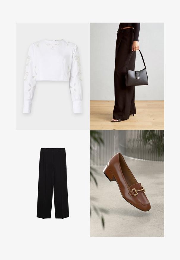 Witte cropped blouse met lange mouwen, versierd met geborduurde bloemmotieven in een subtiele beige draad. Soepele stoftextuur.; Zwarte wijde broek van een gladde stof, met plooien aan de voorkant en zijzakken, ontworpen met een rechte, relaxte snit.; Bruine lakleren loafer met vierkante neus, metallic kettingaccent en lage blokhak; gladde textuur, minimalistisch ontwerp.; Zwarte handtas met gestructureerde vorm, gladde textuur en een metalen sluiting. Gecombineerd met brede zwarte broeken en sandalen met open teen op een houten vloer.