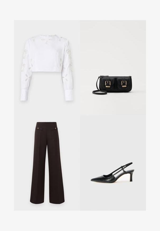 White cropped blouse featuring long sleeves with decorative embroidered floral patterns in a subtle beige thread. Smooth fabric texture.; Dark brown high-waisted wide-leg trousers with front pleats and decorative buttoned flap pockets near the waist.; Black patent slingback heel with a pointed toe, featuring textured snake print, adjustable strap, and a short, textured block heel.; Black leather crossbody bag with two front pockets, gold buckles, zipper closure, and a slim strap. Textured surface and compact rectangular shape.