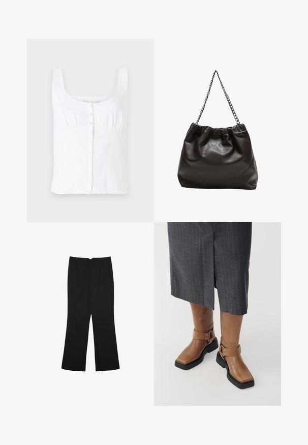 Weißes Leinen-Ärmelloses Top mit Rundhalsausschnitt, vorderer Knopfleiste und dezenten bestickten Akzenten an den Trägern. Glatte Textur.; Schwarze Hose mit geradem Schnitt, ausgestattet mit Fronttaschen und Seitenschlitzen am Saum. Hergestellt aus weichem, glattem Stoff. Geeignet für verschiedene Anlässe.; Braune Lederknief boots mit quadratischer Spitze, schwarzem Gummisohle und verstellbarem Riemen mit Schnalle. Tragen mit einem grauen Nadelstreifenrock.; Braune Lederhandtasche mit gerafftem Oberteil und Kettenriemen. Glatte Textur mit glänzendem Finish und subtilen Nahtdetails an den Seiten.