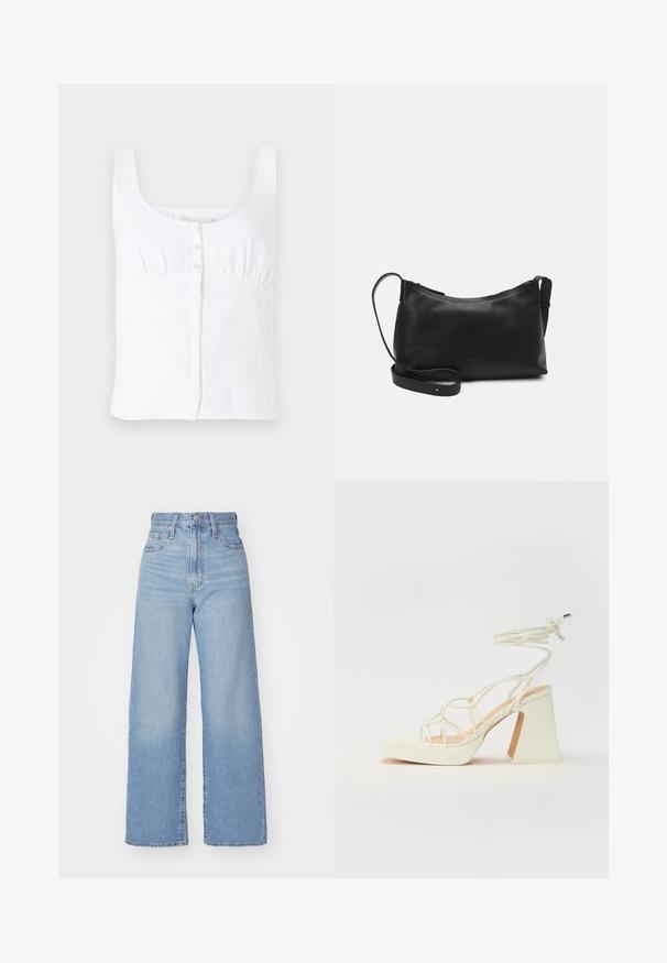 Fehér len ujjatlan felső, kerek nyakkivágással, elöl gombos záródással és diszkrét hímzett díszítéssel a pántokon. Simaság jellemzi.; Világoskék, magas derekú, bő szárú farmernadrág, elülső gombbal és cipzárral, elülső és hátsó zsebekkel, fehér háttérrel.; Fehér, magassarkú szandál vastag sarokkal, pántos dizájnnal és bokapánttal. Sima textúra, elülső platformmal a megnövelt magasság érdekében.; Fekete bőr válltáska sima felülettel, ívelt formával, állítható pánttal és cipzáras záródással. Minimalista dizájn díszítmények nélkül.