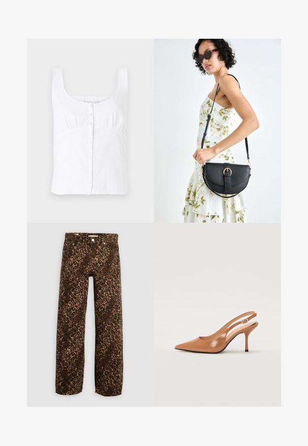 Fehér len ujjatlan felső, kerek nyakkivágással, elöl gombos záródással és diszkrét hímzett díszítéssel a pántokon. Simaság jellemzi.; Leopárdmintás, bő szárú farmernadrág barna és bézs színekben. Denimből készült, klasszikus öt zsebes dizájnnal és fémből készült kiegészítőkkel.; Fingerszűk, hegyes orrú, háttámlás sarokcipő sima, fényes barnás anyagból. Íves kivágású dizájn és karcsú stiletto sarkú. Ezüst csattal ellátva.; Fekete bőrtáska ívelt formával, levehető pánttal és arany színű fémrészekkel. A táskán egy csattal díszített fedél található.