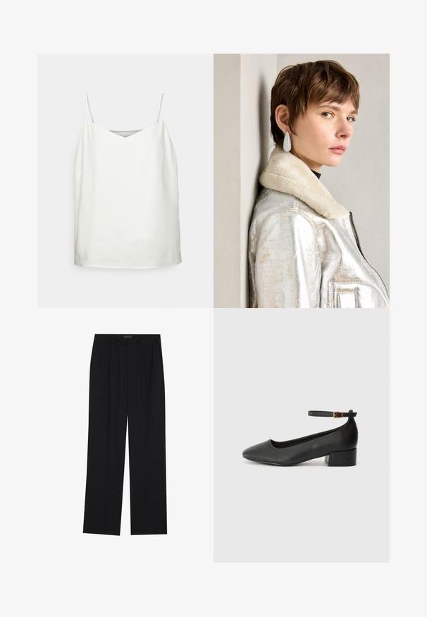 Balta be rankovių palaidinė su V formos iškirpte, lygiu paviršiumi ir laisvu siluetu. Pasižymi plonais petnešėlėmis ir minimalistiniu dizainu be raštų.; Juodos kelnes su tiesiomis sijonais, turinčios dvi priekinės kišenės ir juosmenį. Pagamintos iš lygios, lengvos medžiagos.; Juodas odinis aukštakulnis batelis su smailiu pirštu ir žemu bloku. Su kulkšnies dirželiu su auksinės spalvos sagtimi. Lygus paviršius.; Sidabrinė metalinės odos striukė su avikailio apykakle, turinti užtrauktuką ir tekstūruotą paviršių. Dideli ašarų formos auskarai su skaidriais brangakmeniais.