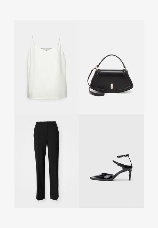 White sleeveless top with a V-neck, smooth texture, and a loose fit. Features thin straps and minimalistic design without patterns.; Black tailored trousers with a straight-leg design, featuring a smooth texture and crisp creases along the front. No visible hardware.; Black patent leather heels with a pointed toe, adjustable ankle straps, and a slender heel. Smooth texture with a shiny finish.; Black leather handbag with a structured design, featuring a cropped shape, top handle, and gold hardware accent. Adjustable shoulder strap included.