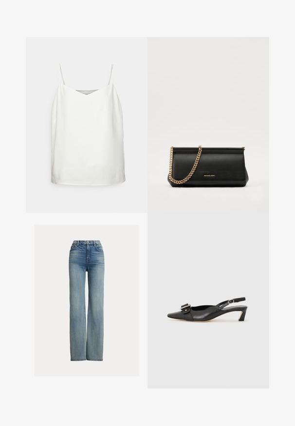 Bela brezrokavna majica z V-izrezom, gladke teksture in ohlapnim krojem. Ima tanke naramnice in minimalističen dizajn brez vzorcev.; Modra kavbojka z visokim pasom in ravnimi nogavicami, z sprednjimi žepi, zankami za pas in gumbnim zapiranjem, z blagim postaranim detajlom.; Črne usnjene slingback čevlje z ostrim nosom, majhnim petam in dekorativno sponko na zgornjem delu. Gladka tekstura, minimalistična zasnova.; Črna usnjena torbica z zlatim verižnim trakom, z gladko teksturo, pravokotno obliko in embosiranim logotipom spredaj.