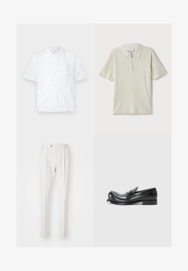 Biała koszula z krótkim rękawem, z kołnierzykiem, dwiema przednimi kieszeniami, koronkowymi zdobieniami i guzikami na środku. Wykonana z bawełny.; Koszulka polo z krótkim rękawem w jasnym beżu z zamkiem przy kołnierzu. Wykonana z gładkiej tkaniny, charakteryzuje się prostym, nowoczesnym wzornictwem bez wzorów.; Białe, dopasowane spodnie z płaskim przodem, dwoma zaszewkami i podwiniętymi mankietami. Wykonane z gładkiego materiału z zapięciem na guzik w talii.; Czarne skórzane mokasyny z okrągłym noskiem, ozdobnym paskiem z przodu i minimalistycznym designem. Płaska podeszwa oraz gładka faktura z subtelnym przeszyciem.
