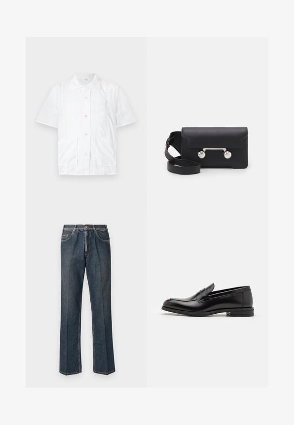 Weißes Kurzarmhemd mit kragenförmigem Halsauschnitt, zwei Fronttaschen, Spitzenbesatz und Knöpfen in der Mitte. Aus Baumwollmaterial.; Tiefblaue kurzärmelige T-Shirt mit weißem Text "neanche per sogno" zentriert auf der Brust, Rundhalsausschnitt, Größe M.; Dunkelblaue, gerade Jeans aus Denim mit vorderem Knopf, Reißverschluss, doppelten vorderen Taschen und sichtbaren vertikalen Falten entlang der Beine.; Schwarze Lederloafers mit glatter Textur, rundem Zehenbereich und einem dekorativen Riemen über dem Vorderfuß. Niedriger, gestapelter Absatz, minimalistisches Design.; Schwarze Leder-Umhängetasche mit Klappenverschluss, silberfarbener Hardware und zwei runden Akzenten. Verfügt über einen abnehmbaren Schulterriemen. Glatte Textur.