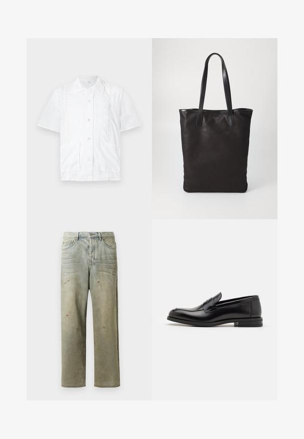 Camicia bianca a maniche corte con colletto, due tasche frontali, dettagli in pizzo e bottoni al centro. Materiale in cotone.; Jeans in denim strappato di colore verde chiaro, con gamba dritta, design a cinque tasche, sbiaditure irregolari e schizzi di vernice.; Mocassini neri in pelle con una texture liscia, punta arrotondata e una striscia decorativa sulla tomaia. Tacco basso impilato, design minimalista.; Borsa tote in tela nera con manici in pelle nera. Design semplice, corpo spazioso e texture liscia. Nessun logo o motivo visibile.