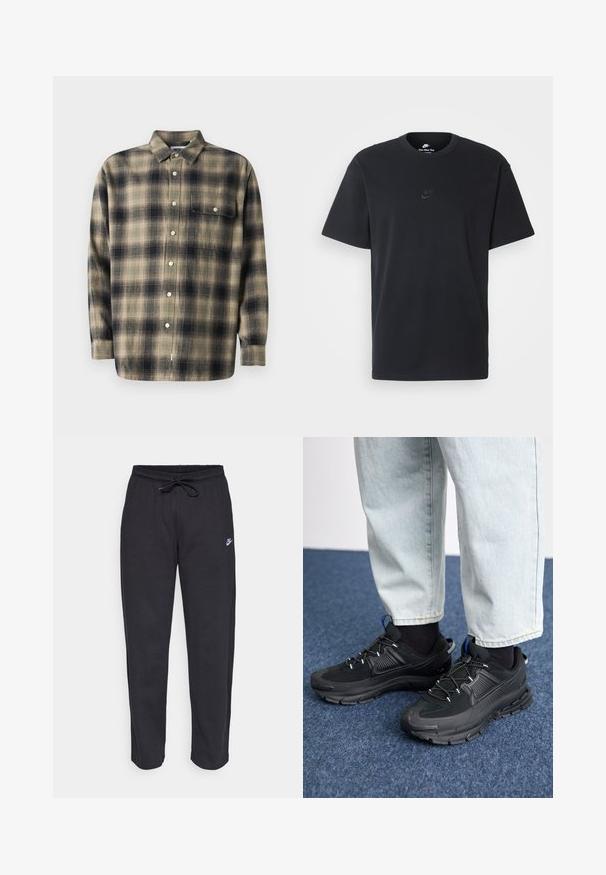 Rutet knap-opp skjorte i beige og navy med lange ærmer, krave, enkelt brystlomme og hvide knapper på et blødt stof.; Nike sort bomulds t-shirt med en klassisk rund hals, korte ærmer og et diskret, præget logo på brystet. Glat tekstur.; Sorte sweatpants lavet af blødt stof med elastisk talje, snøre og et lille Nike-logo på venstre lår.; Sorte træningssko med tekstureret stof og gummisåler, udstyret med elastiske snørebånd og en blå detalje på hælen. Bæres med lyse denimbukser.