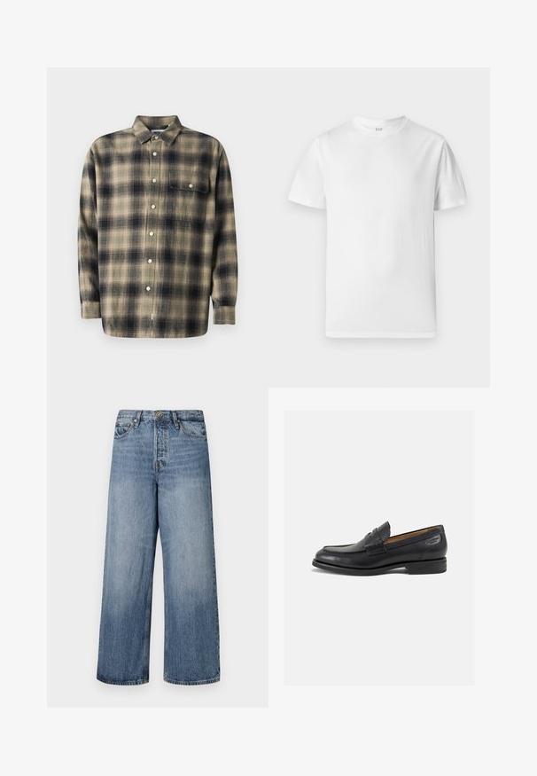 Camicia a quadri in beige e blu navy con maniche lunghe, colletto, taschino sul petto e bottoni bianchi in un tessuto morbido.; T-shirt bianca a maniche corte realizzata in morbido cotone. Presenta un collo rotondo e un orlo dritto con dettagli minimi.; Jeans in denim blu a gamba larga con lavaggio sbiadito, design a cinque tasche e chiusura con bottone. Dotati di passanti per cintura e dettagli cuciti.; Mocassini in pelle nera con finitura liscia, punta arrotondata e cuciture decorative sulla tomaia. Tacco basso impilato e leggero lucido.