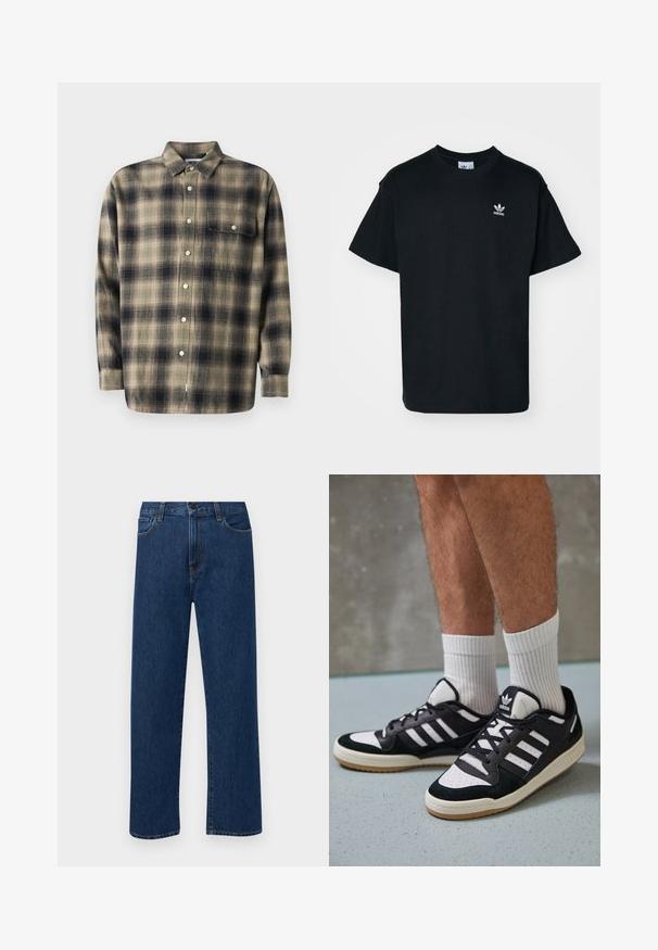 Camisa de botão em padrão xadrez nas cores bege e azul-marinho, com mangas longas, colarinho, um bolso no peito e botões brancos, tudo feito de um tecido suave.; T-shirt preta de algodão com gola redonda e mangas curtas, apresentando um pequeno logótipo branco da Adidas na área do lado esquerdo do peito.; Jeans de denim azul escuro, de perna reta, com bolsos frontais e fecho de botão, exibidos sobre um fundo branco liso.; Ténis em preto e branco com upper em camurça e couro, apresentando três riscas brancas, um toe perfurado e uma sola em borracha de goma.