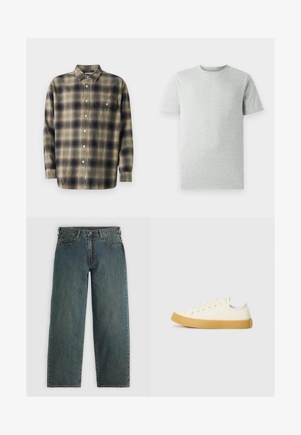 Karirana srajca v bež in mornarsko modri barvi z dolgimi rokavi, ovratnikom, enim žepom na prsih in belimi gumbi na mehkem materialu.; Enostavna svetlosiva kratka majica s kratkimi rokavi in krožnim ovratnikom, prikazana na belem ozadju, sprednji pogled brez vidnih logotipov ali vzorcev.; Temno modri kavbojki ravnega kroja z gumbom in zadrgo, sprednjimi žepi in pasnimi zankami na svetle sivi podlagi.; Platnene superge v off-white barvi z okroglim nosom, z bež gumijastimi podplati in petimi odprtinami za vezalke, z zrnato površino na zgornjem delu.
