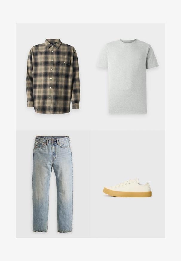 Karirana srajca v bež in mornarsko modri barvi z dolgimi rokavi, ovratnikom, enim žepom na prsih in belimi gumbi na mehkem materialu.; Enostavna svetlosiva kratka majica s kratkimi rokavi in krožnim ovratnikom, prikazana na belem ozadju, sprednji pogled brez vidnih logotipov ali vzorcev.; Svetlo modri džins hlače z visokim pasom, sprednjim gumbom, zadrgo in petimi žepi, laid flat na nevtralni podlagi.; Platnene superge v off-white barvi z okroglim nosom, z bež gumijastimi podplati in petimi odprtinami za vezalke, z zrnato površino na zgornjem delu.