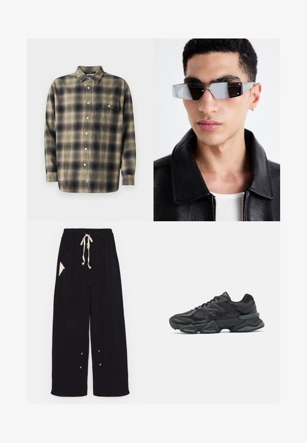 Koszula w kratę z długim rękawem w beżowo-granatowym kolorze, z kołnierzykiem, pojedynczą kieszenią na piersi i białymi guzikami, uszyta z miękkiego materiału.; Czarny T-shirt z krótkim rękawem wykonany z bawełny, z okrągłym dekoltem i luźnym krojem. Gładka faktura z minimalnymi detalami przeszycia.; Czarne spodnie w szerokim kroju wykonane z miękkiej tkaniny, z elastycznym pasem na sznurek, bocznymi kieszeniami oraz trójkątną kieszonką akcentującą. Zawierają elementy ze srebrnego metalowego wykończenia.; Czarne buty biegowe z mieszanką siateczki i materiałów syntetycznych, masywną podeszwą, opływowym kształtem oraz wyraźnym brandingiem z boku.; Kątowe, szare okulary przeciwsłoneczne z metalowymi elementami w kolorze srebrnym, na jasnym tle. Soczewki mają unikalny, geometryczny kształt.