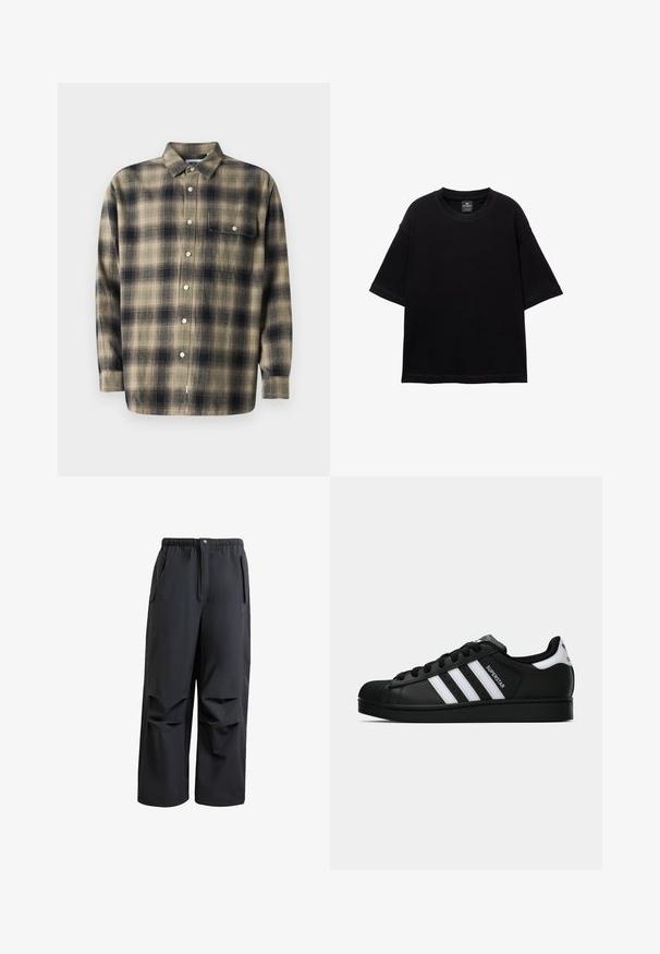 Koszula w kratę z długim rękawem w beżowo-granatowym kolorze, z kołnierzykiem, pojedynczą kieszenią na piersi i białymi guzikami, uszyta z miękkiego materiału.; Czarny T-shirt z krótkim rękawem wykonany z bawełny, z okrągłym dekoltem i luźnym krojem. Gładka faktura z minimalnymi detalami przeszycia.; Czarne, luźne spodnie z miękkiego materiału. Posiadają elastyczny pas, zapięcie na guzik oraz dwie boczne kieszenie z plisowanymi detalami.; Czarne sneakersy Adidas Superstar z białymi paskami, noskiem w kształcie muszli i napisem "Superstar" na boku, zaprezentowane w profilu bocznym na białym tle.