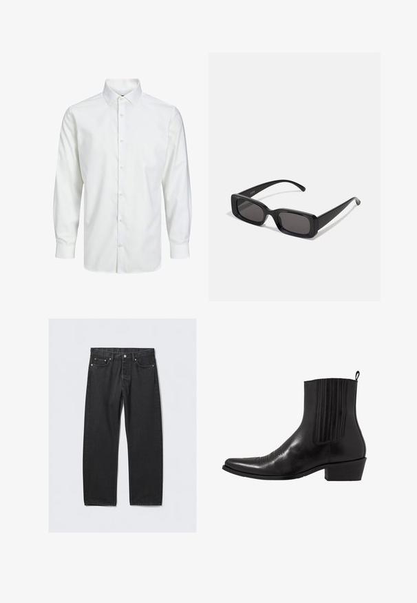 Balta garām piedurknēm kreklā ar pogām, izgatavots no gludas auduma, ar klasisku apkakli, priekšējo pogu slīdni un pogātām piedurknēm.; Melni džinsi ar taisno kāju griezumu, ar pogu aizdari, piecām kabatām un vara tonī veidotiem aksesuāriem. Gluda tekstūra.; Melna ādas potītes zābaku ar norādītu pirkstu, elastīgām sānu daļām, vertikālām šuvēm un zemu blokveida papēdi.; Melnas taisnstūrveida saulesbrilles ar tumšiem stikliem, spīdīga apdare, platas kājas un masīvs rāmja dizains. Uz vienas kājas ir iegravēts zīmola nosaukums.; Melnā taure, kas izgatavota no gludas auduma, ar š slimu, garu formu un norādītu galu, bez redzamām rakstiem vai akcentiem.