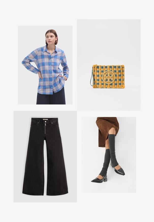 Camisa de cuadros azul con detalles en rojo y blanco, de manga larga y corte relajado con dobladillo curvado. Fabricada en tejido ligero.; Jeans de pierna ancha en denim negro con cierre frontal, diseño de cinco bolsillos y detalles de costura sutiles. Textura suave y estilo casual.; Zapatos de charol negros con punta afilada, tacón bloque y tira de tobillo, combinados con calentadores de piernas de canalé grises y una falda de ante marrón.; Tory Burch ELLA POUCH - Clutch - deep turquoise