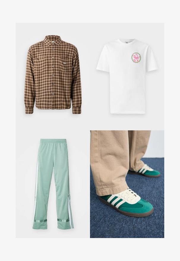 Bruine geruite shirt gemaakt van zachte stof, met een knoopsluiting, twee borstzakken en een geborduurd logo op de linkerzak.; Witte katoenen t-shirt met een ronde, kleurrijke geprinte logo in roze en groen op de borst. Korte mouwen en ronde hals ontwerp.; Lichtgroene sportbroek met witte zijkanten, inzetstukken van mesh en een elastische tailleband. De stof is glad met een lichte glans.; Groene suède sneakers met witte strepen, getextureerde veters en een bruine rubbersole. Gecombineerd met beige broek op een blauwe tapijten achtergrond.