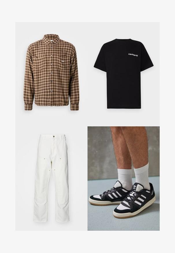 Brązowa koszula w kratę z miękkiego materiału, z zapięciem na guziki, dwiema kieszeniami na piersi oraz haftowanym logo na lewej kieszeni.; Czarny bawełniany t-shirt z krótkimi rękawami, okrągłym dekoltem i białym logo „Carhartt” na lewej piersi. Gładka tekstura, minimalistyczny design.; Białe bawełniane spodnie cargo o luźnym kroju. Cechy to przednie kieszenie, złote akcenty oraz wzmocnione części kolan.; Czarno-białe sneakersy z zamszową i skórzaną cholewką, z trzema białymi paskami, perforowanym czubkiem i gumową podeszwą w kolorze gumy.