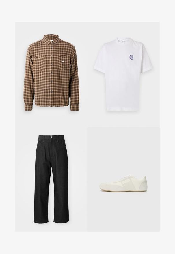 Pruun ruuduline särk, mis on valmistatud pehmest kangast, millel on nööbid, kaks rinna taskut ja vasakul taskul tikandiga logo.; Valge puuvillane t-särk lühikeste varrukatega, ümara kaelusega ja vasakul rinnal väike tikitud sinine "C" logo.; Mustad teksad, millel on mugav lõige, kõrge talje, tõmblukk ja viie tasku disain. Silmatorkavad õmblused üle kogu.; Valge sportlik jalanõud, millel on voolujooneline disain, suede varbatald, nahkplaatide ja kontrastsete tekstuursete detailidega. Lame kummist tald.