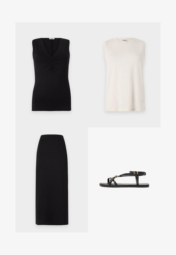 Czarny bezrękawnik z dekoltem w szpic i marszczeniem na klatce piersiowej. Wykonany z gładkiego materiału o dopasowanym kroju.; Bezramkowy top w jasnym beżowym materiale, z okrągłym dekoltem i luźnym krojem. Gładka struktura bez ozdób czy wzorów.; Czarna spódnica długości do kostek z dopasowanym pasem. Wykonana z miękkiego, elastycznego materiału, cechująca się gładką fakturą i brakiem widocznych ozdób.; Czarne skórzane sandały z cienkimi paskami i zapięciem na kostce. Płaska podeszwa o teksturowanym wykończeniu i ząbkowanej krawędzi. Minimalistyczny design.
