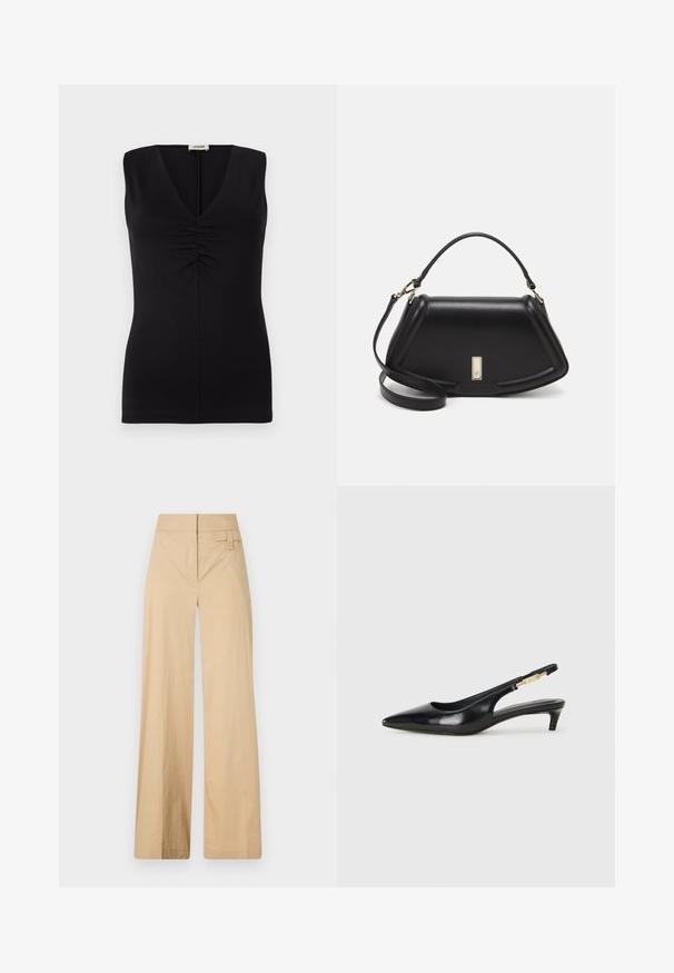 Schwarzes ärmelloses Top mit V-Ausschnitt und Raffung an der Brust. Hergestellt aus glattem Stoff mit taillierter Passform.; Beige weite Hosen aus Baumwollmischgewebe. Sie haben eine glatte Textur, einen elastischen Bund und eine seitliche Knopfdetail.; Schwarze Leder-Slingback-Pumps mit spitzem Schuhblatt, ausgestattet mit einem schlanken Absatz und einem goldfarbigen Akzent am verstellbaren Riemen. Glatte Textur.; Schwarze Lederhandtasche mit einem strukturierten Design, das eine verkürzte Form, einen oberen Griff und goldfarbene Hardware-Details aufweist. Verstellbarer Schulterriemen ist enthalten.