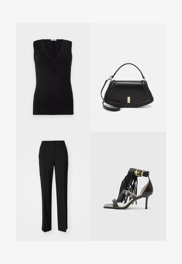 Črna brezrokavna majica z V-izrezom in nabrano podrobnostjo na prsih. Narejena je iz gladkega blaga z prilagojenim krojem.; Črne krojene hlače s direktnim krojem, ki se ponašajo z gladko teksturo in ostrimi pregibi spredaj. Ni vidne kovine.; Črne sandale z visokimi petami, okrašene z resicami, z zapenjanjem okrog gležnja z zlatim okovjem, ravnim kvadratnim prstom in dvema križnima trakom preko zgornjega dela.; Črna usnjena torbica s strukturnim dizajnom, ki ima skrajšano obliko, zgornji ročaj in zlate dodatke. Vključena je nastavljiva ramenska naramnica.