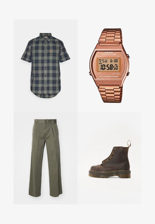 Trumpetinių rankovių marškiniai laisvu stiliumi tamsiai mėlynos ir žalios langeliais, su kreiva apatine dalimi ir maža logotipo etikete ant krūtinės.; Olivinės spalvos kelnės su laisvu, plačiu dizainu ir priekinių raukšlių detale. Pagamintos iš tekstūruoto audinio, su standartine juosmena ir be matomų aksesuarų.; Rudos odinės kulkšninių batus su apvalia nosimi, kontrastinga geltona siūle, dekoratyviniais metaliniais akių skyreliais ir grioveliuota guma pagrindu.; Skaitmeninis Casio laikrodis su rožinės aukso metaline juosta, stačiakampiu korpusu, apšviečiamu ekranu ir atsparumu vandeniui, rodomas laikas ir data.