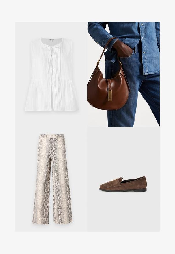 Hvid ærmeløs bluse med lodrette plisseringer, en båndlukning ved halsen og peplum-talje. Glat tekstur med knapdetaljer.; Videbenede bukser i et slangeskindsmønster med en farveskala i creme og grå, lavet af struktureret stof med høj talje.; Brune ruskinds loafers med en glat tekstur, der har en rem med en guldfarvet accent og subtile frynse detaljer på tåen. Flad sål.; Brun læder hobo taske med en afrundet form, der har et guldhardware-element og kontraststing. Sammen med en denimskjorte og jeans.