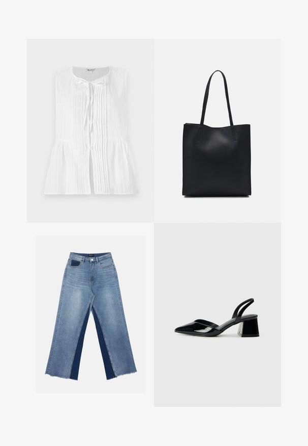 Blouse blanche sans manches avec des plis verticaux, une fermeture à nouer au cou et une taille peplum. Texture lisse avec des accents de boutons.; Jean large bleu clair avec des panneaux contrastants bleu foncé, ourlets effilochés et taille standard avec fermeture à bouton en métal.; Escarpins en cuir verni noir avec bout pointu et talon bloc géométrique. Présente un design élégant et minimaliste ainsi qu'une texture lisse.; Sac fourre-tout en cuir noir avec une texture lisse, de forme rectangulaire et deux longues poignées. Pas de matériel ou d'ornementations visibles.