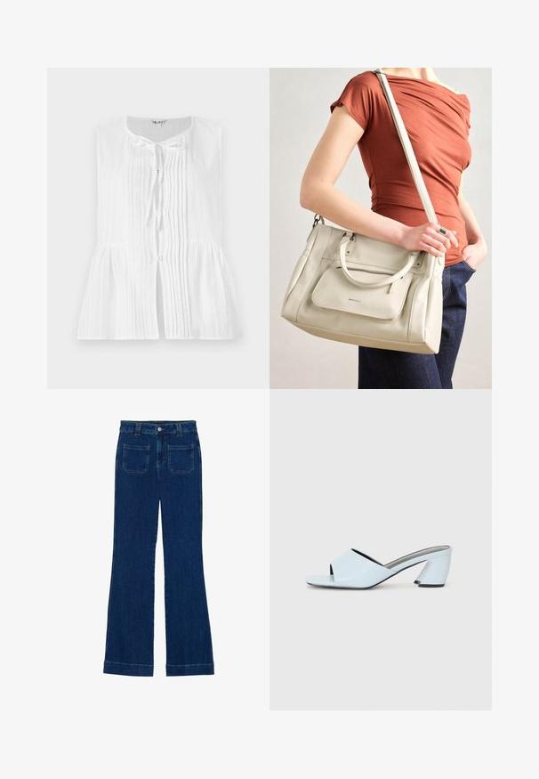 White sleeveless blouse with vertical pleats, a tie closure at the neck, and a peplum waist. Smooth texture with button accents.; Denim flared jeans in dark blue with a smooth texture, five-pocket design, and a button closure at the waist.; Light blue open-toe heeled mules with a geometric design, featuring a wide strap across the foot and a chunky, angular heel.; White leather handbag with dual handles and a detachable strap, featuring a front zip pocket and smooth texture. Carrying on a person's arm.